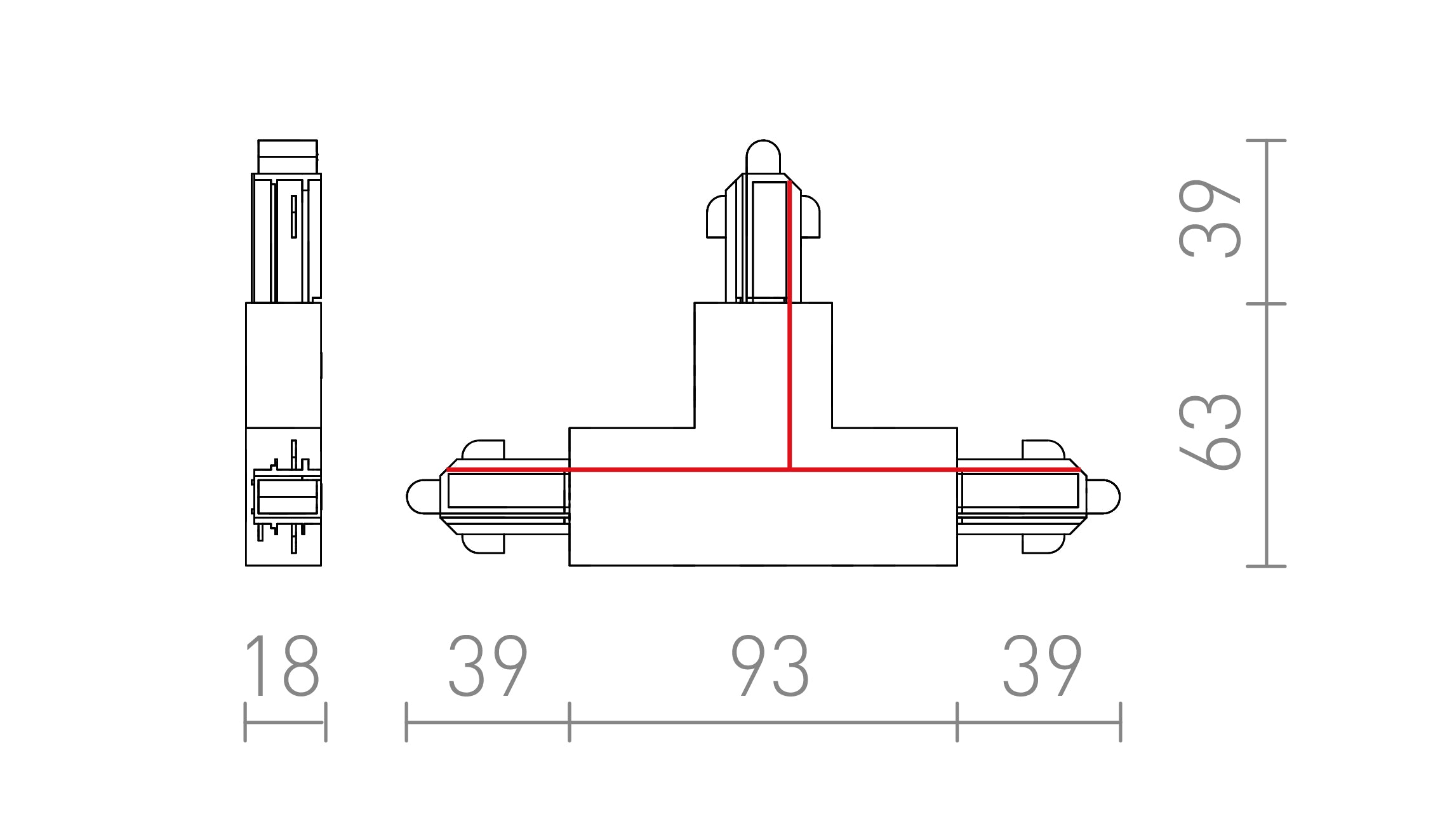 T CONNECTEUR POUR RAIL GAUCHE À 1 PHASE - Product sketch