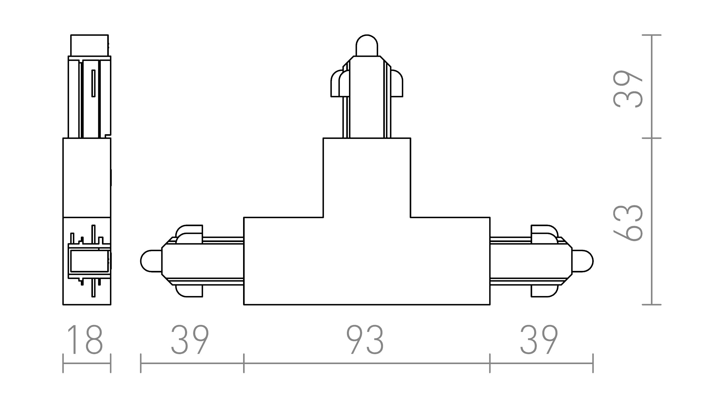 T CONNECTEUR POLARITÉ DROITE POUR RAIL À 1 PHASE - Product sketch